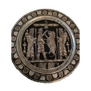Vintage Persian Pewter And Copper Tray With Etched Men Desing